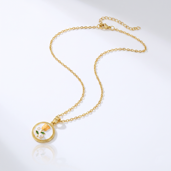 Sunoire dropshipping products wholesale fashion pearl flower transparent gold plated enamel pendant necklace jewelry sets for women 03 flatlay tulip white