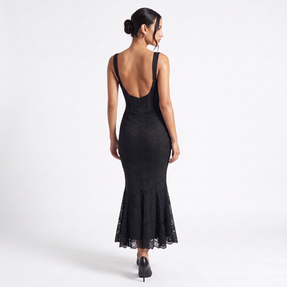 Women's Scalloped Lace Bustier Maxi Dress, back view