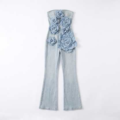 3D Floral Strapless Denim Jumpsuit, flat lay