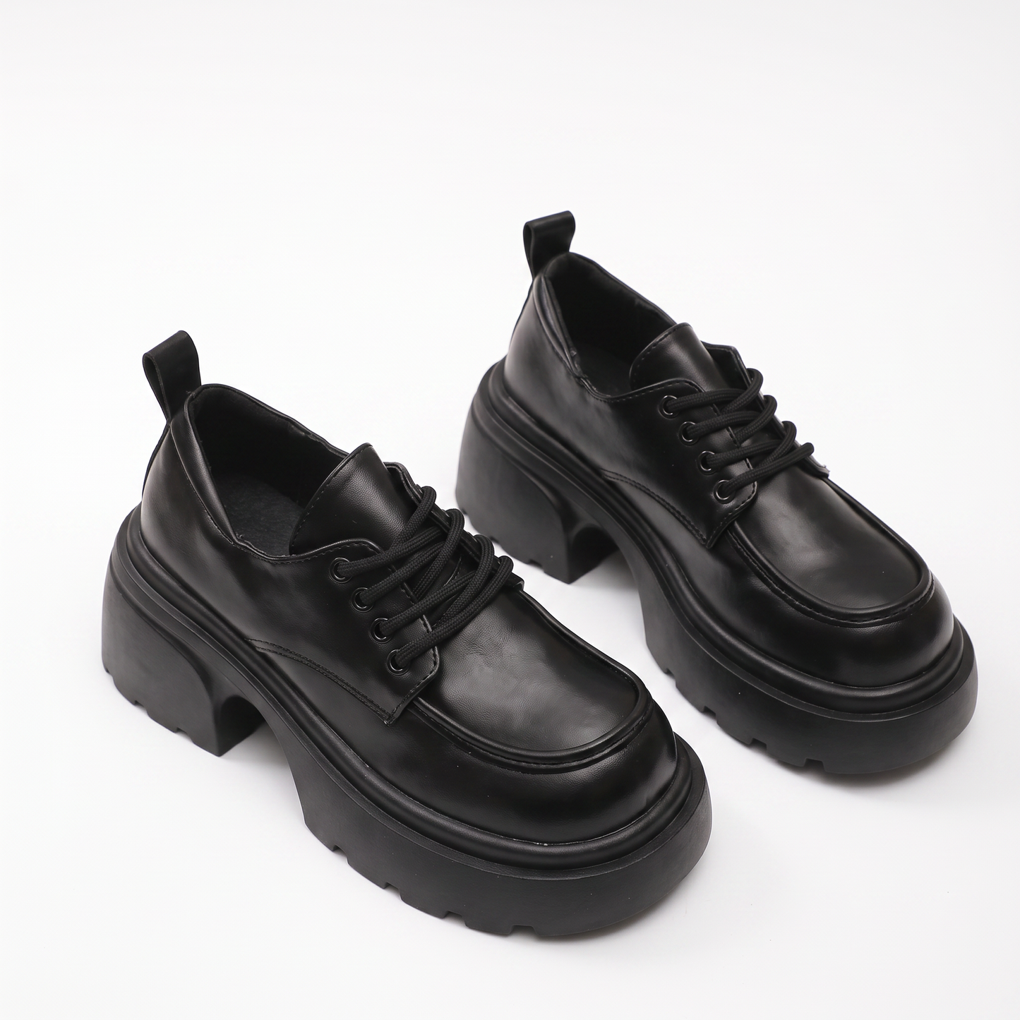 Sunoire women breathable lace up height increasing single shoes for autumn thick soled leather platform dress shoes 03 pair flatlay black