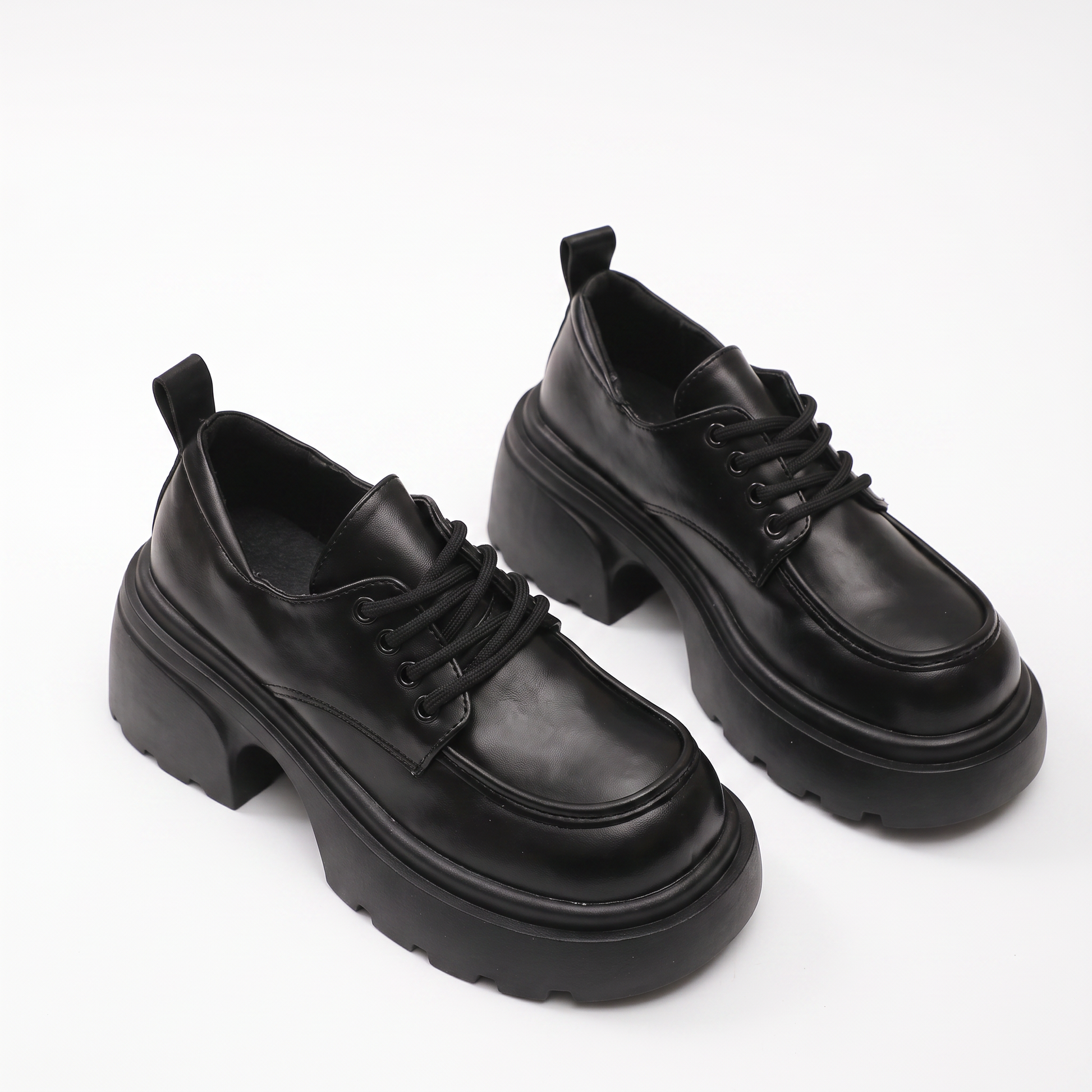 Sunoire women breathable lace up height increasing single shoes for autumn thick soled leather platform dress shoes 03 pair flatlay black