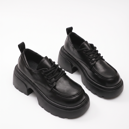 Sunoire women breathable lace up height increasing single shoes for autumn thick soled leather platform dress shoes 03 pair flatlay black