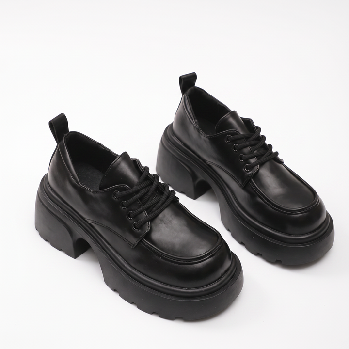 Sunoire women breathable lace up height increasing single shoes for autumn thick soled leather platform dress shoes 03 pair flatlay black
