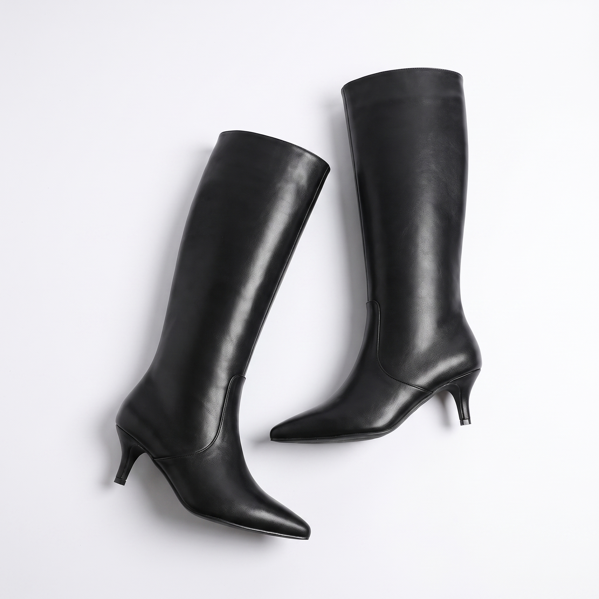 Sunoire autumn and winter new women s knee high boots pointed shiny kitten heel black elegant fashion boots 03 pair flatlay black
