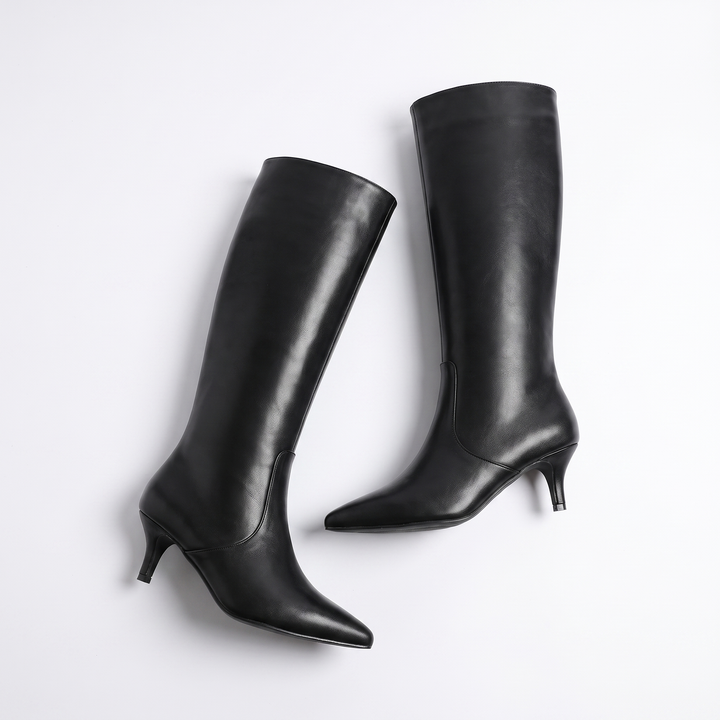 Sunoire autumn and winter new women s knee high boots pointed shiny kitten heel black elegant fashion boots 03 pair flatlay black