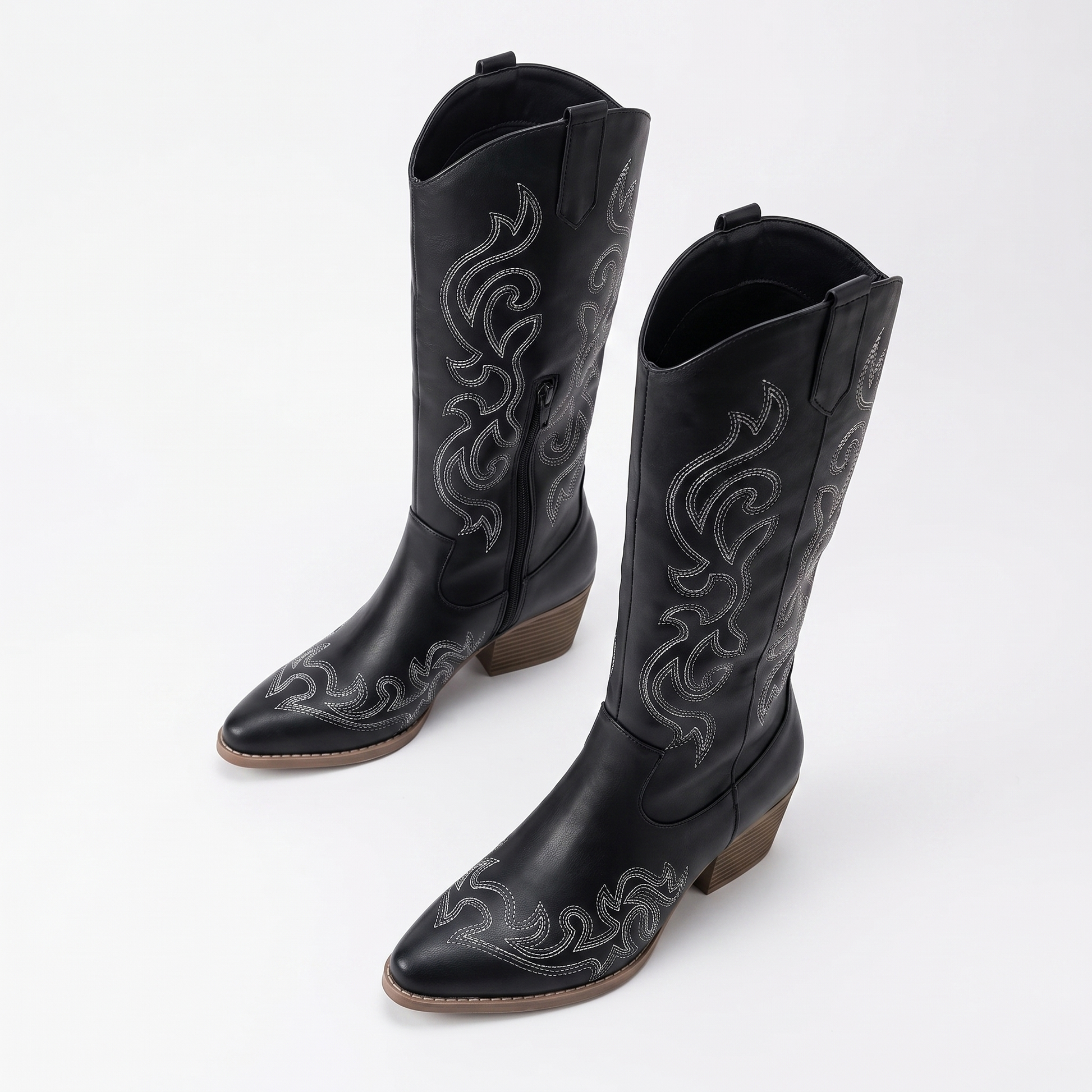 Sunoire cowboy boots knee high block heel 03 pair flatlay black