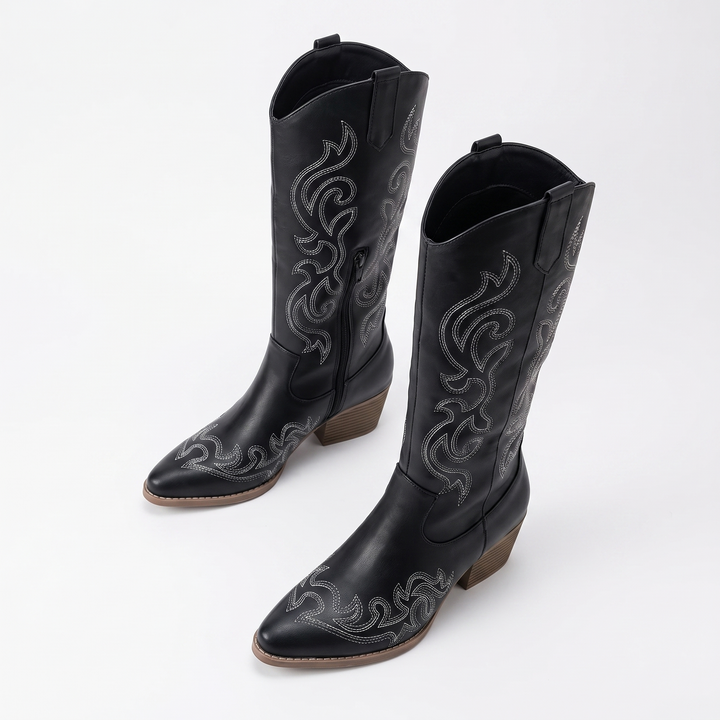 Sunoire cowboy boots knee high block heel 03 pair flatlay black
