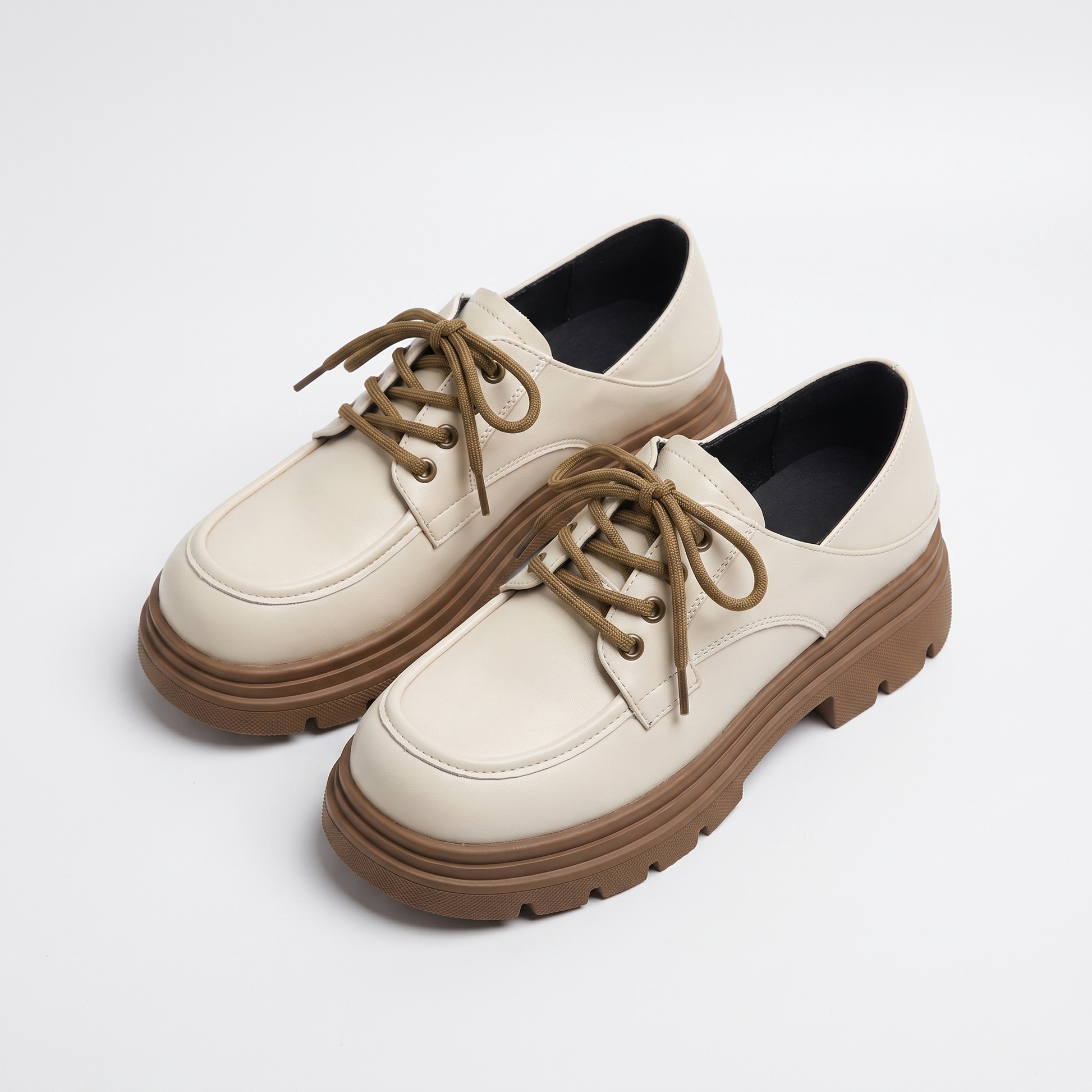 Sunoire 1998 10 women chunky heel lace up leather loafers thick sole height increasing large size 35 44 winter wide width comfort shoes 03 pair flatlay cream