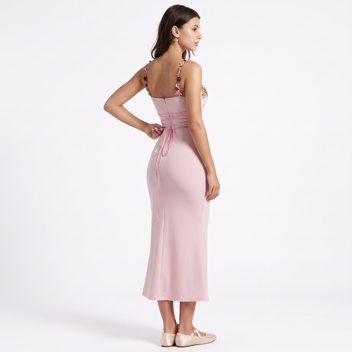 Women's Floral Appliqué Sweetheart Midi Dress, back view