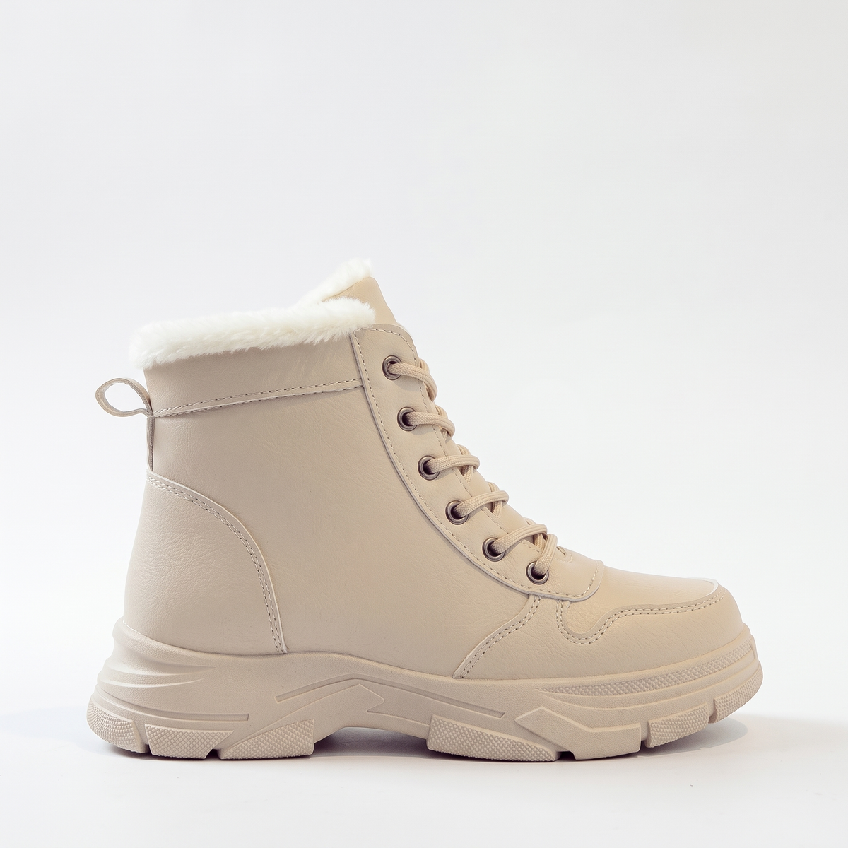 Fleece Lined Chunky Sole Snow Boots, Beige Lace Up Winter Boots, side view