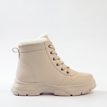 Fleece Lined Chunky Sole Snow Boots, Beige Lace Up Winter Boots, side view