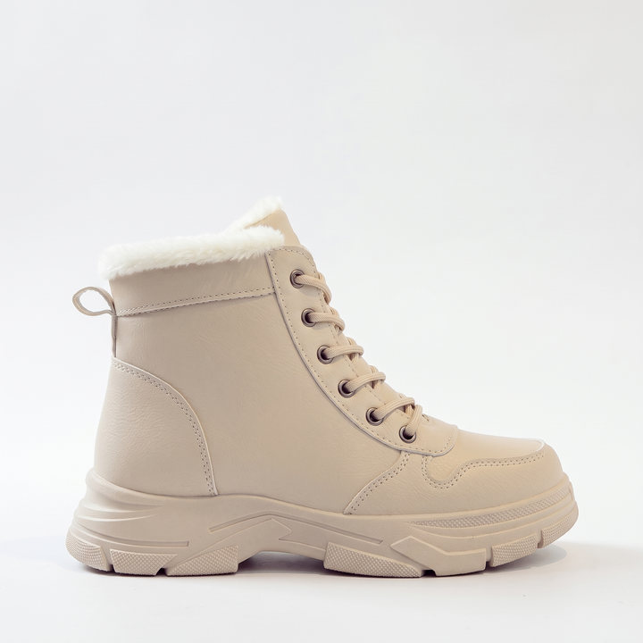 Fleece Lined Chunky Sole Snow Boots, Beige Lace Up Winter Boots, side view