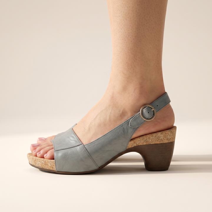 Sunoire adrianna womens block heel slingback sandals 03 side profile blue gray