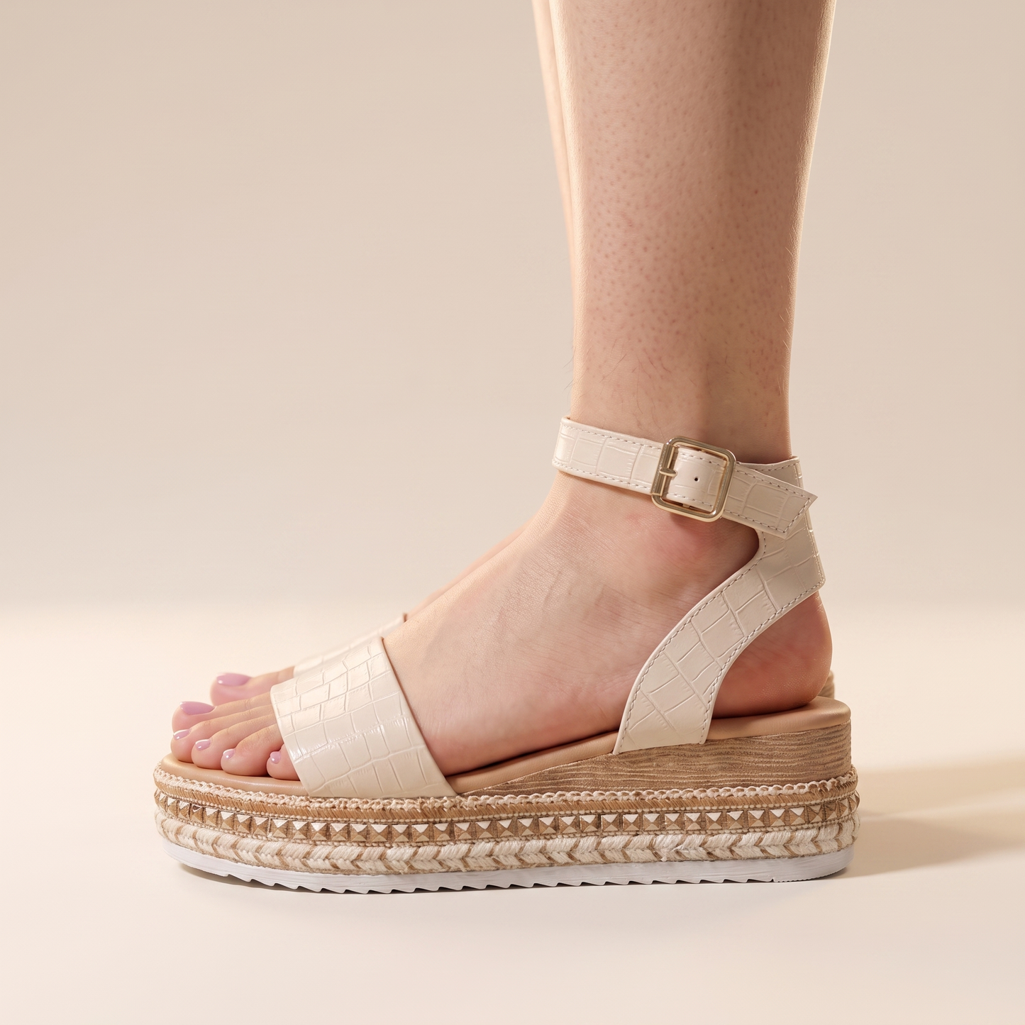 Sunoire summer platform sandals with ankle strap and textured sole 03 side profile cream beige