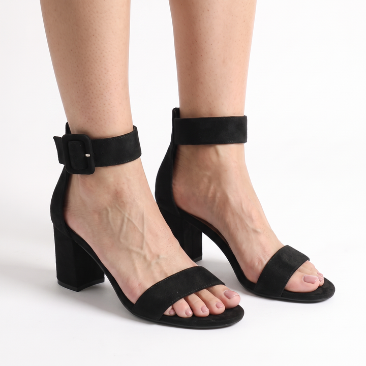 Sunoire 2026 new elegant women s sandals chunky block heel ankle strap suede summer dress shoes custom oem odm manufacturer 03 three quarter black