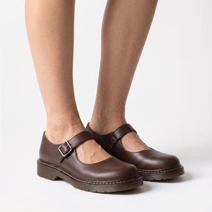 Sunoire womens elegant mary jane shoes classic flat sole with buckle strap 03 three quarter brown