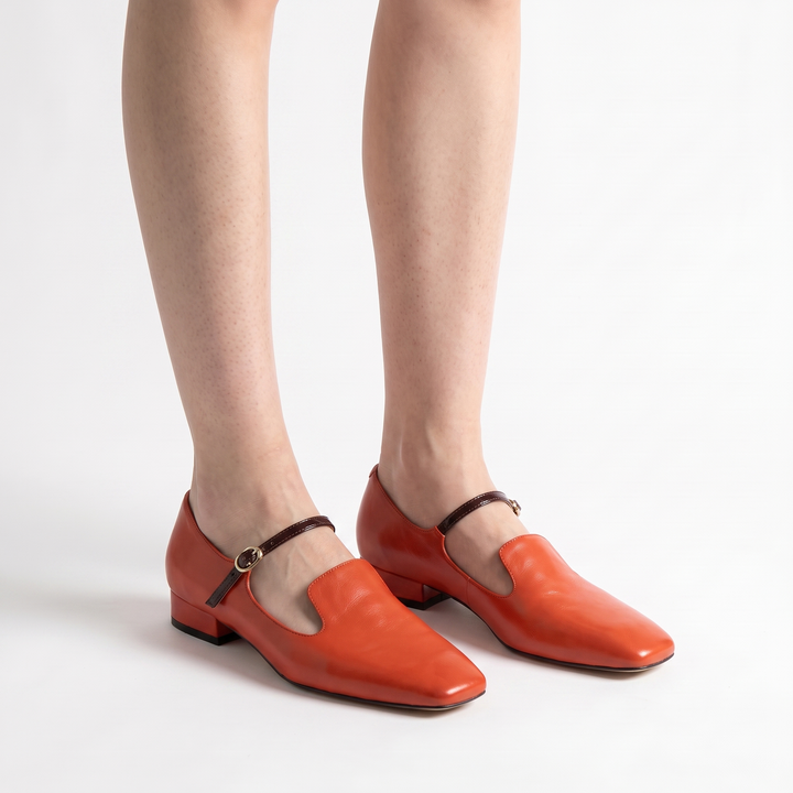 Sunoire wholesale dark green pu mary jane heels loafers women square toe mixed color block heel office pumps 03 three quarter red orange