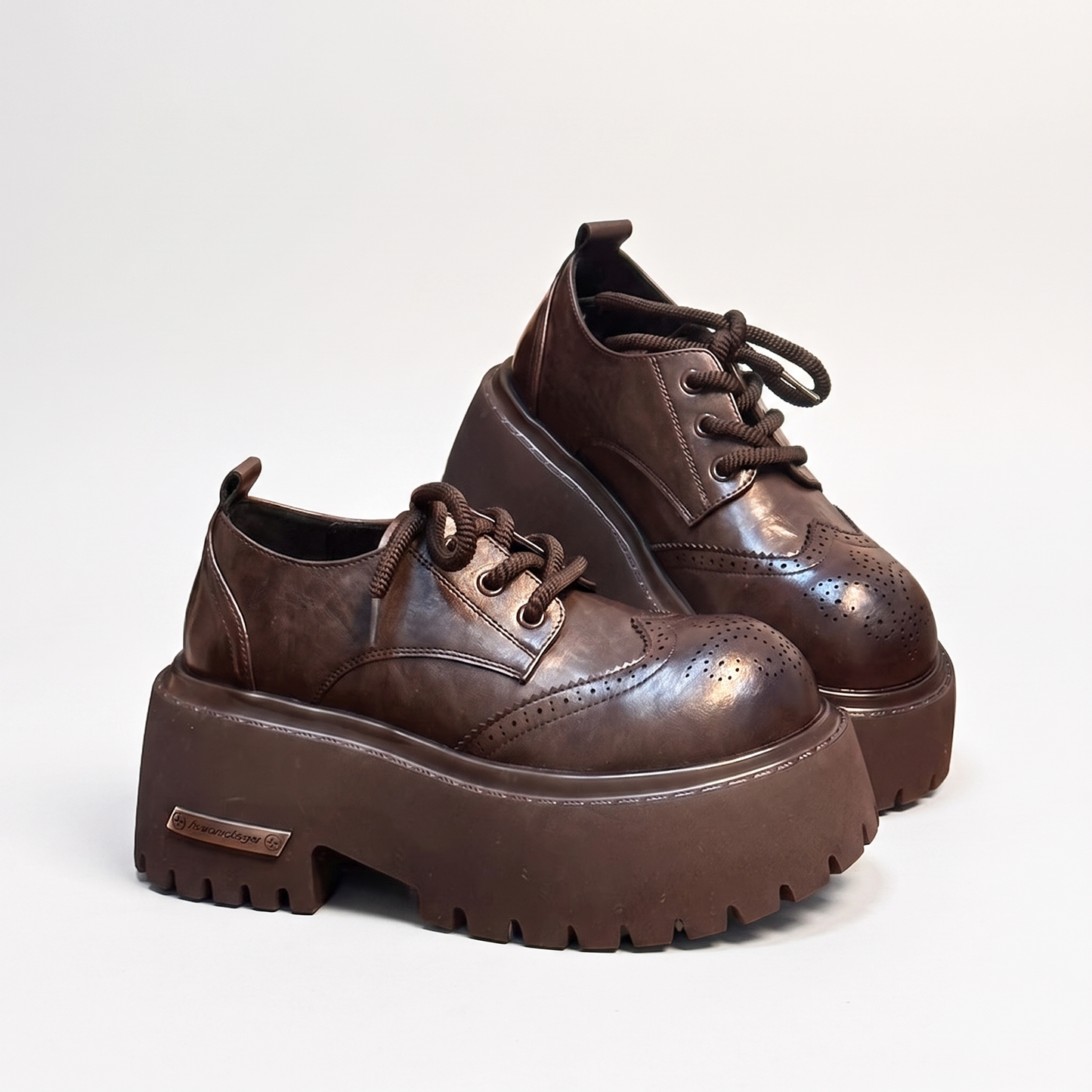 Sunoire european british style women s derby shoes loafers color washed genuine leather thick soled platform lace up height increasing 04 colorway brown