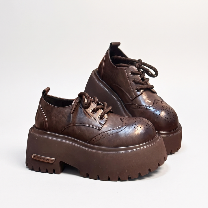 Sunoire european british style women s derby shoes loafers color washed genuine leather thick soled platform lace up height increasing 04 colorway brown