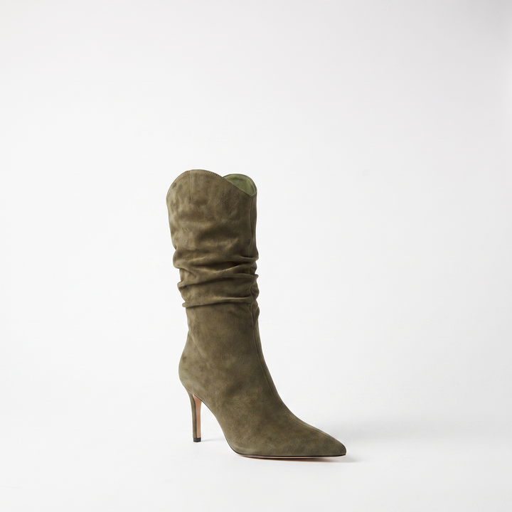 Sunoire stiletto knee high tassel boot women elegant pointed toe slip on closure 9cm heel spring autumn winter fashion denim loose light 04 colorway green