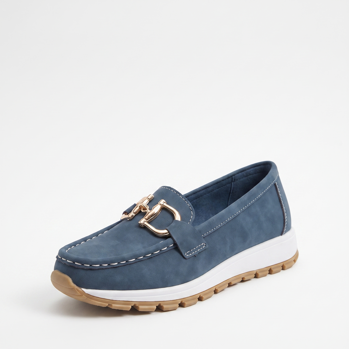 Sunoire womens gold horsebit slip on moc toe platform loafers 04 colorway navy blue
