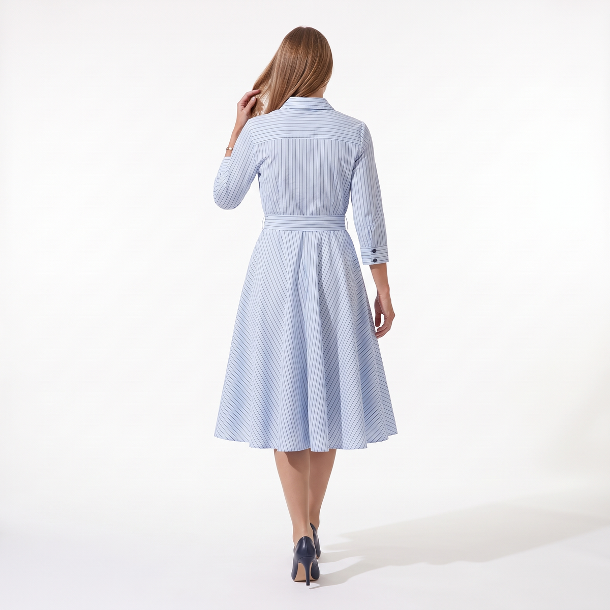 Women's Striped Belted Shirt Midi Dress, back view