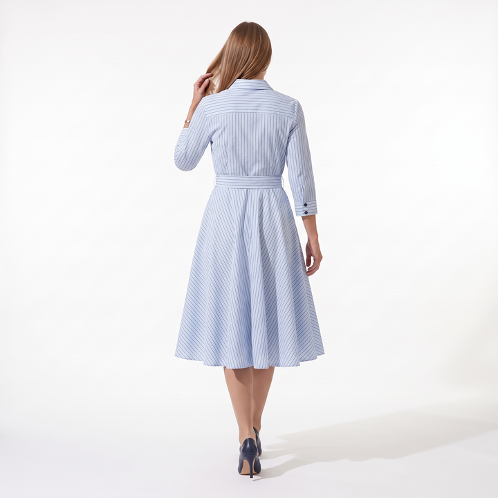 Women's Striped Belted Shirt Midi Dress, back view