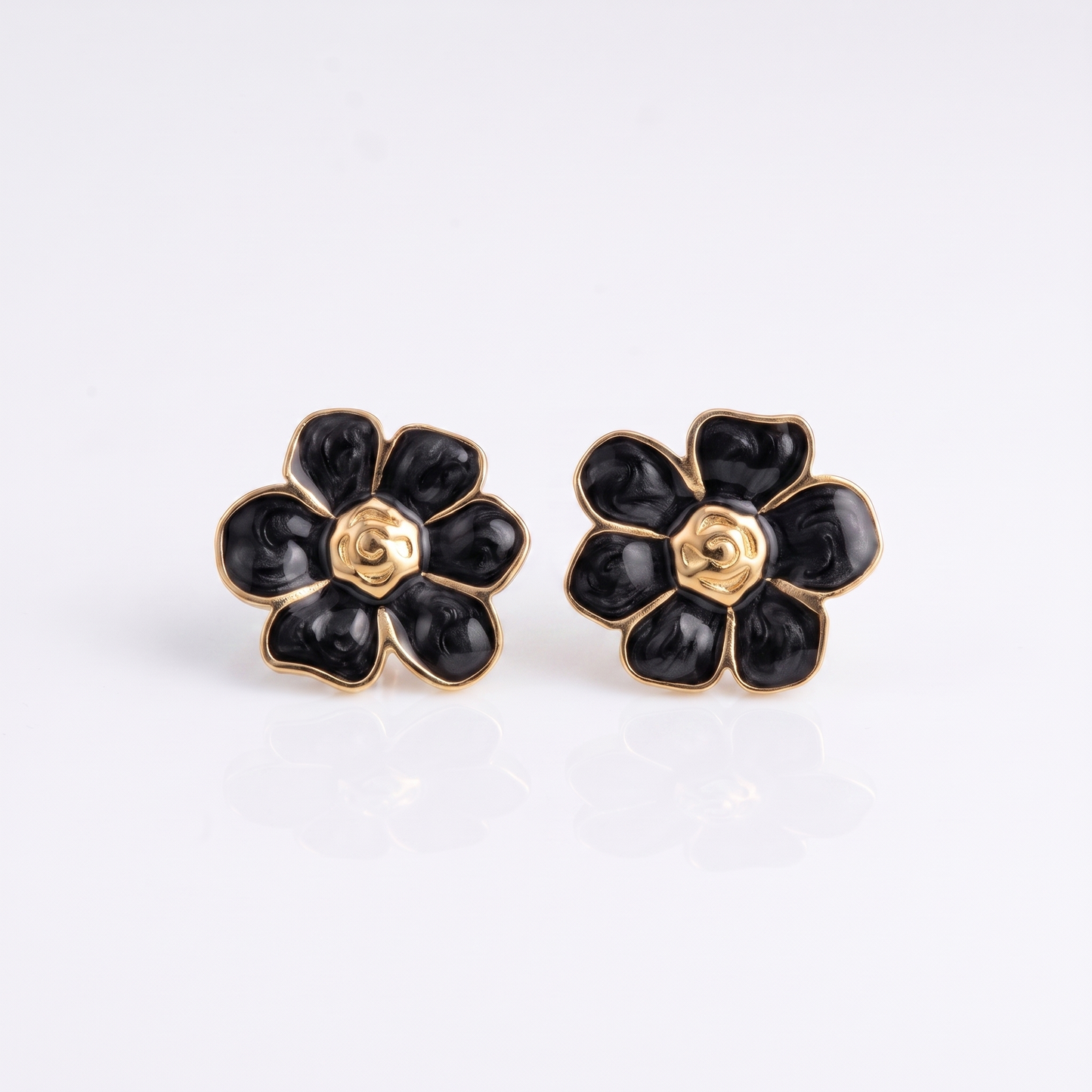 Sunoire women s trendy stainless steel stud earrings minimalist six petaled flower lucky gold color plating wholesale retro party 04 flatlay black