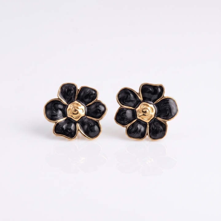 Sunoire women s trendy stainless steel stud earrings minimalist six petaled flower lucky gold color plating wholesale retro party 04 flatlay black