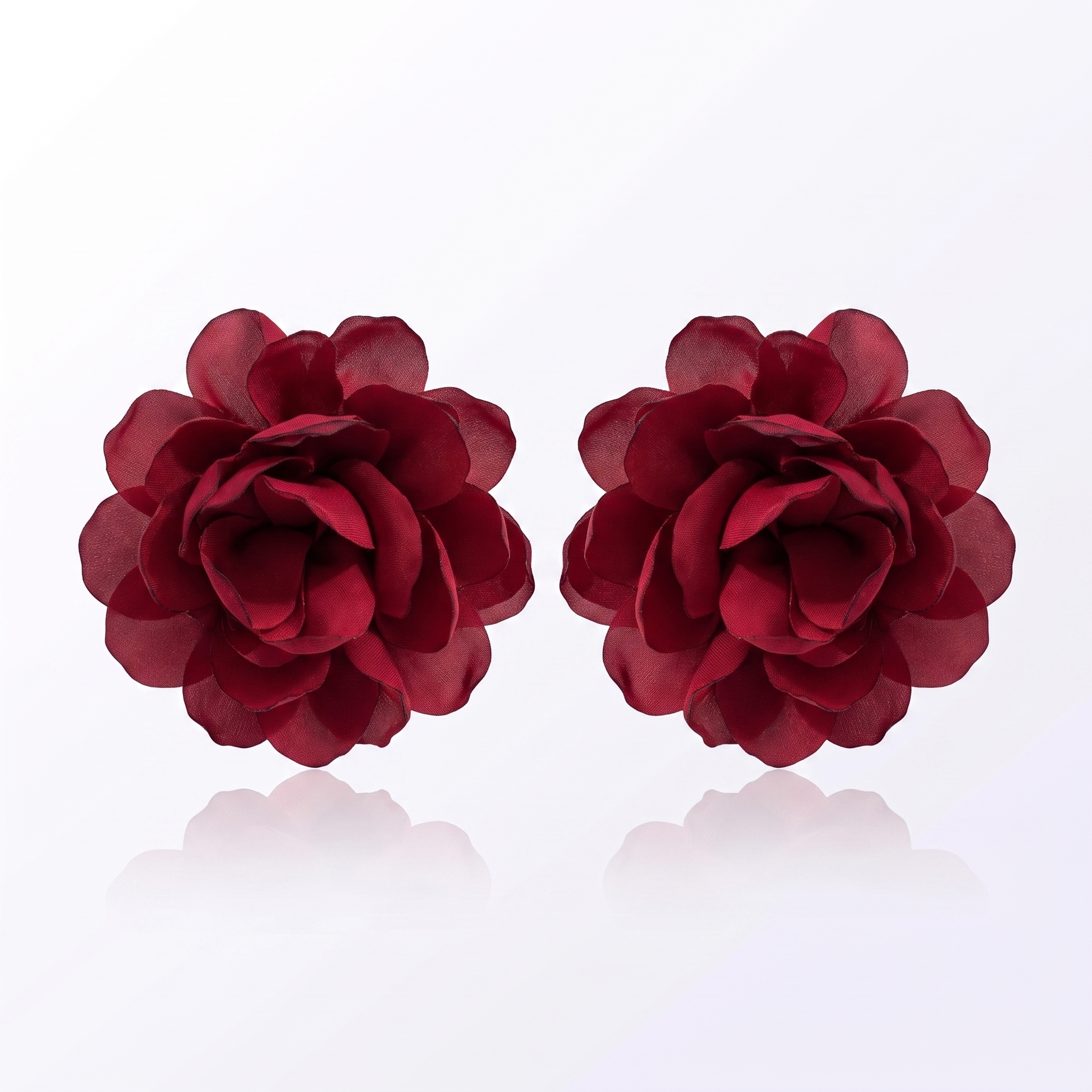 Sunoire exaggerated design big fabric flower earrings for women fashion niche artistic style simulation flower statement earrings 04 flatlay burgundy