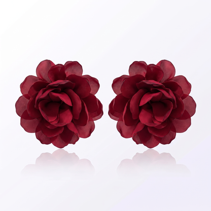 Sunoire exaggerated design big fabric flower earrings for women fashion niche artistic style simulation flower statement earrings 04 flatlay burgundy