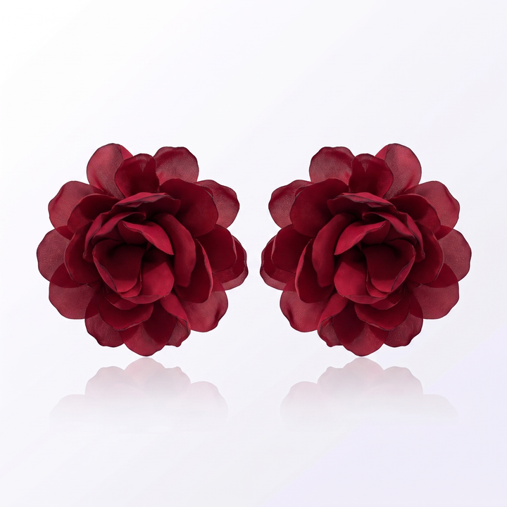 Sunoire exaggerated design big fabric flower earrings for women fashion niche artistic style simulation flower statement earrings 04 flatlay burgundy