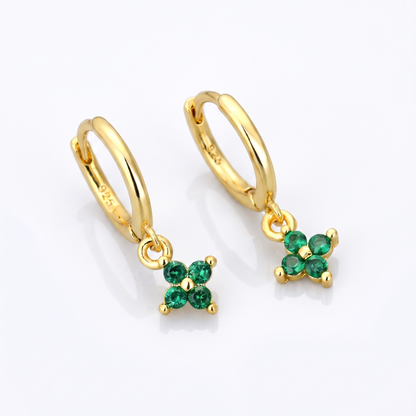 Sunoire classic summer fine jewelry 925 sterling silver zircon four leaf clover earrings for women hoop drop 04 flatlay green