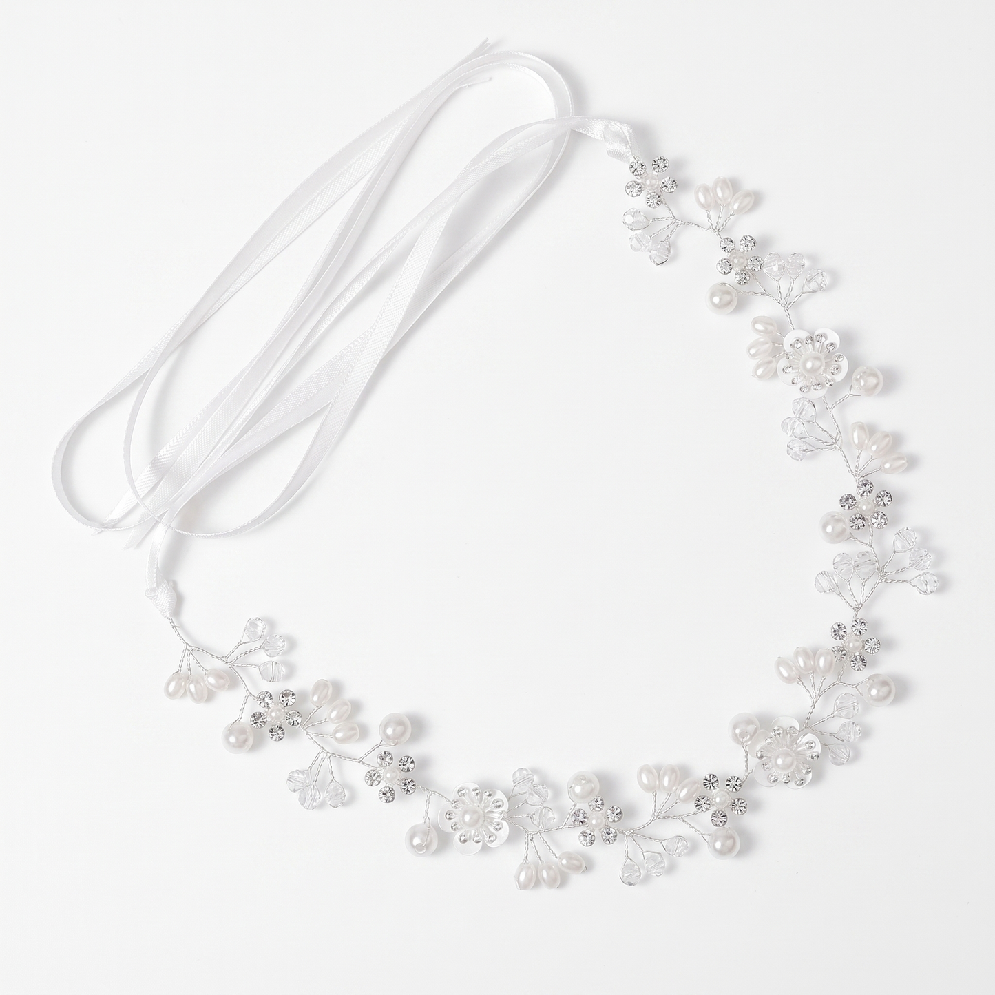 Sunoire bridal accessories wedding headwear crystal pearl headband hair accessories beautiful flowers handmade beaded pan headband 04 flatlay silver