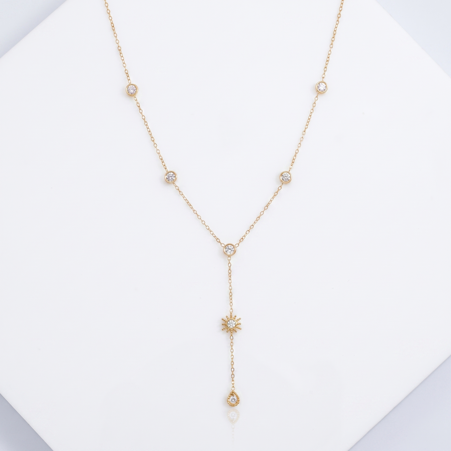 Sunoire fashion zircon stainless steel gold plated women s luxury heart moon pendant sweater necklace 04 flatlay sunburst