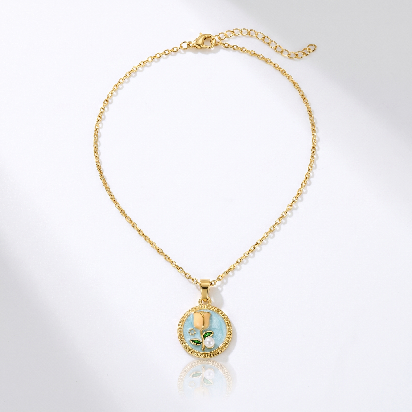 Sunoire dropshipping products wholesale fashion pearl flower transparent gold plated enamel pendant necklace jewelry sets for women 04 flatlay tulip blue