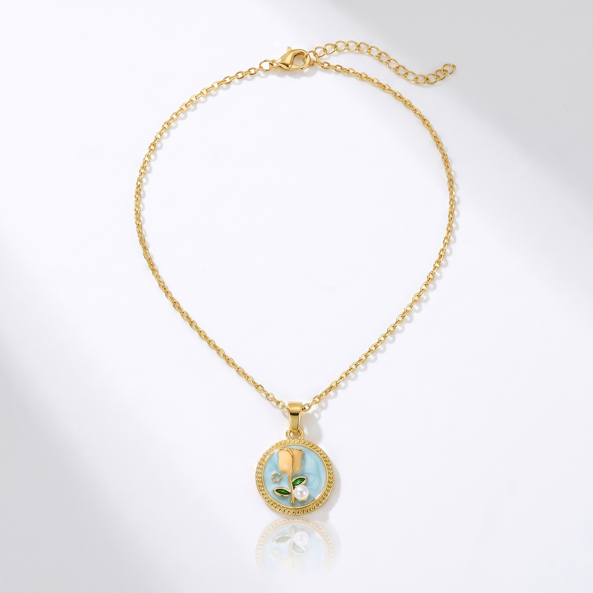 Sunoire dropshipping products wholesale fashion pearl flower transparent gold plated enamel pendant necklace jewelry sets for women 04 flatlay tulip blue