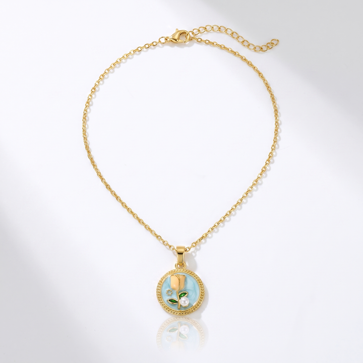 Sunoire dropshipping products wholesale fashion pearl flower transparent gold plated enamel pendant necklace jewelry sets for women 04 flatlay tulip blue