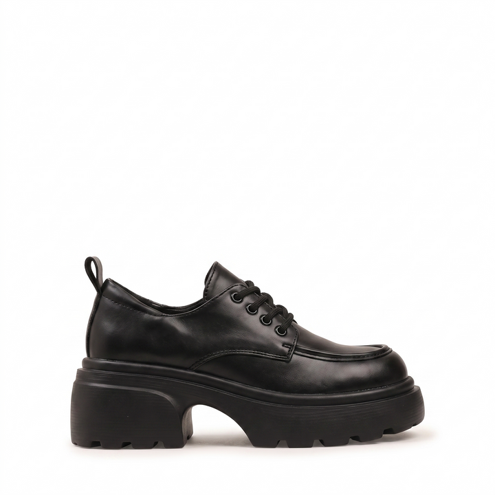 Sunoire women breathable lace up height increasing single shoes for autumn thick soled leather platform dress shoes 04 lateral profile black