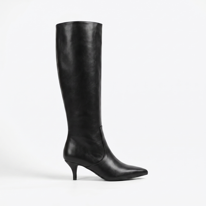 Sunoire autumn and winter new women s knee high boots pointed shiny kitten heel black elegant fashion boots 04 lateral profile black