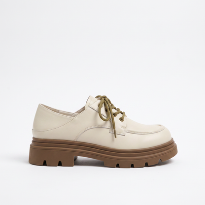 Sunoire 1998 10 women chunky heel lace up leather loafers thick sole height increasing large size 35 44 winter wide width comfort shoes 04 lateral profile cream