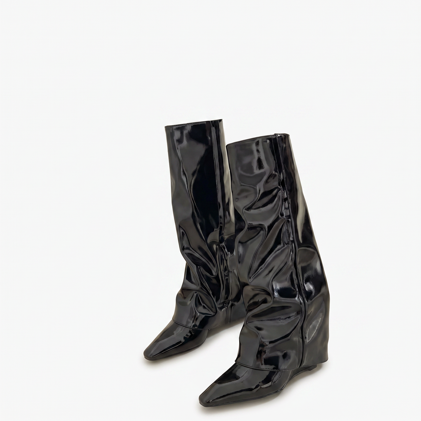 Sunoire 2025 glossy patent knee high boots women s pointed toe stiletto equestrian boots edgy high shine riding boots 04 pair flatlay black patent