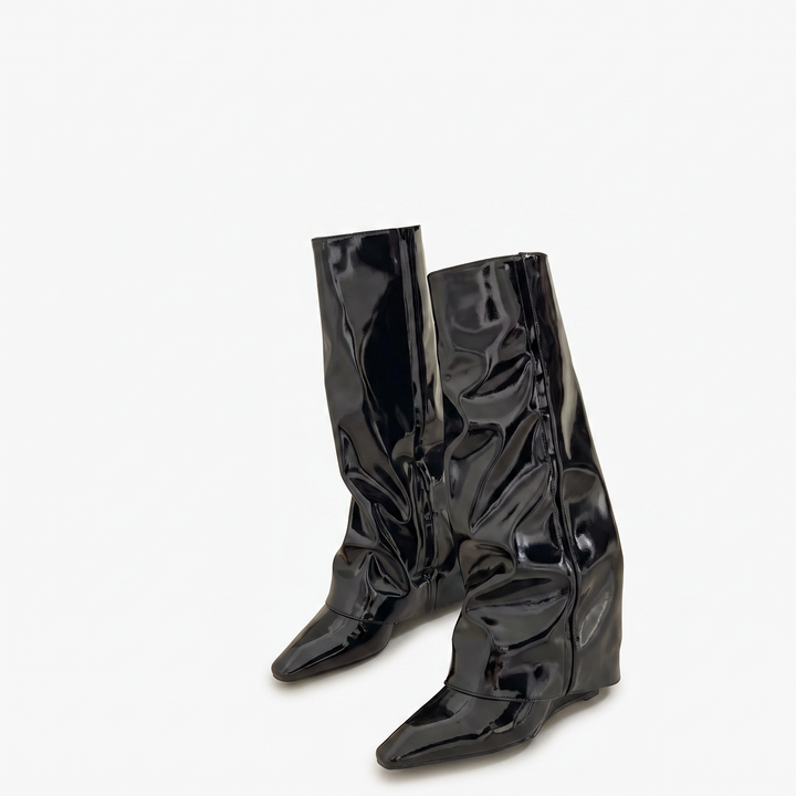 Sunoire 2025 glossy patent knee high boots women s pointed toe stiletto equestrian boots edgy high shine riding boots 04 pair flatlay black patent