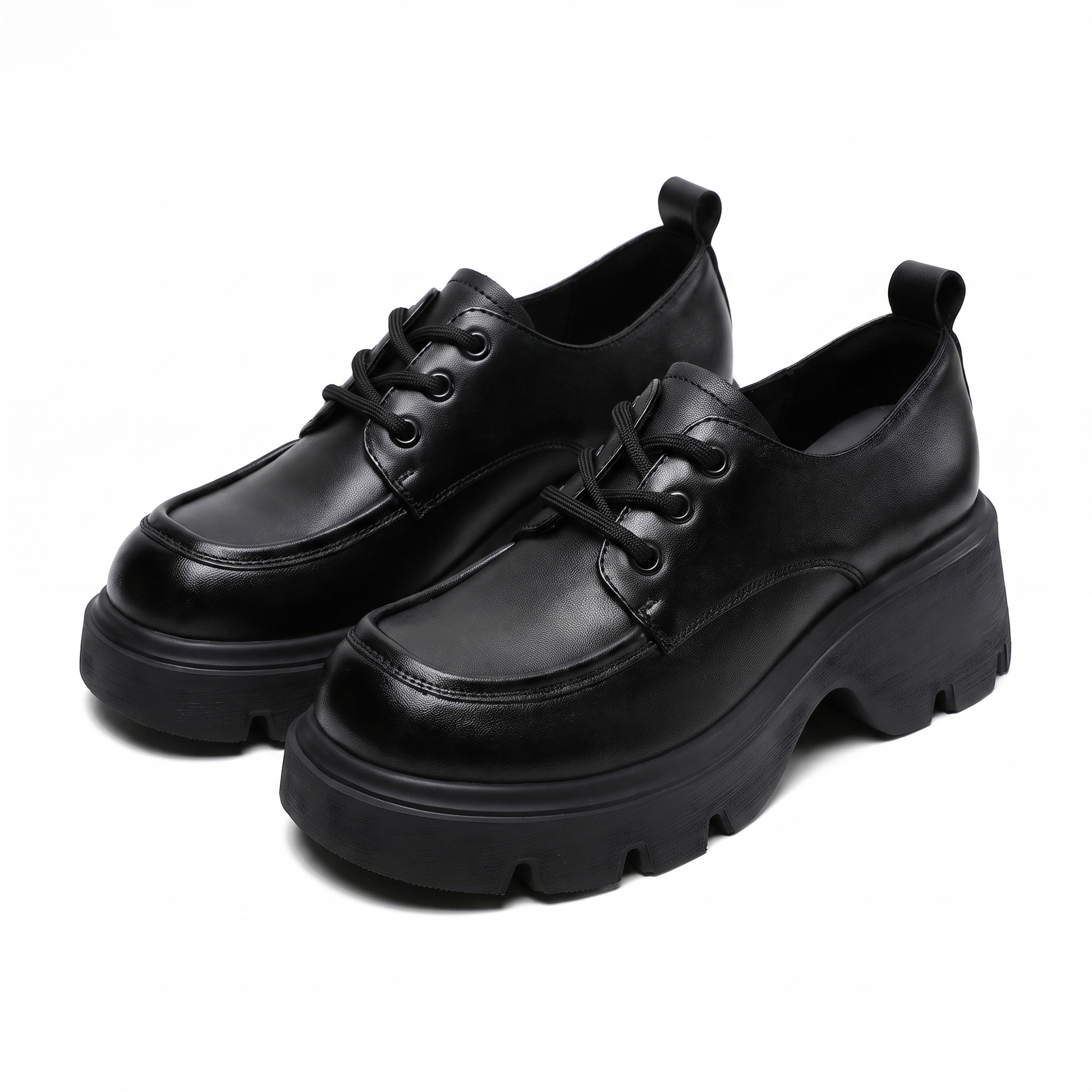 Sunoire genuine leather brown retro platform lace up loafers women 2026 spring summer autumn season thick sole height increase 04 pair flatlay black