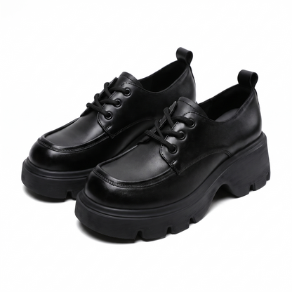 Sunoire genuine leather brown retro platform lace up loafers women 2026 spring summer autumn season thick sole height increase 04 pair flatlay black