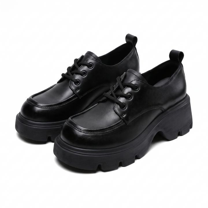 Sunoire genuine leather brown retro platform lace up loafers women 2026 spring summer autumn season thick sole height increase 04 pair flatlay black