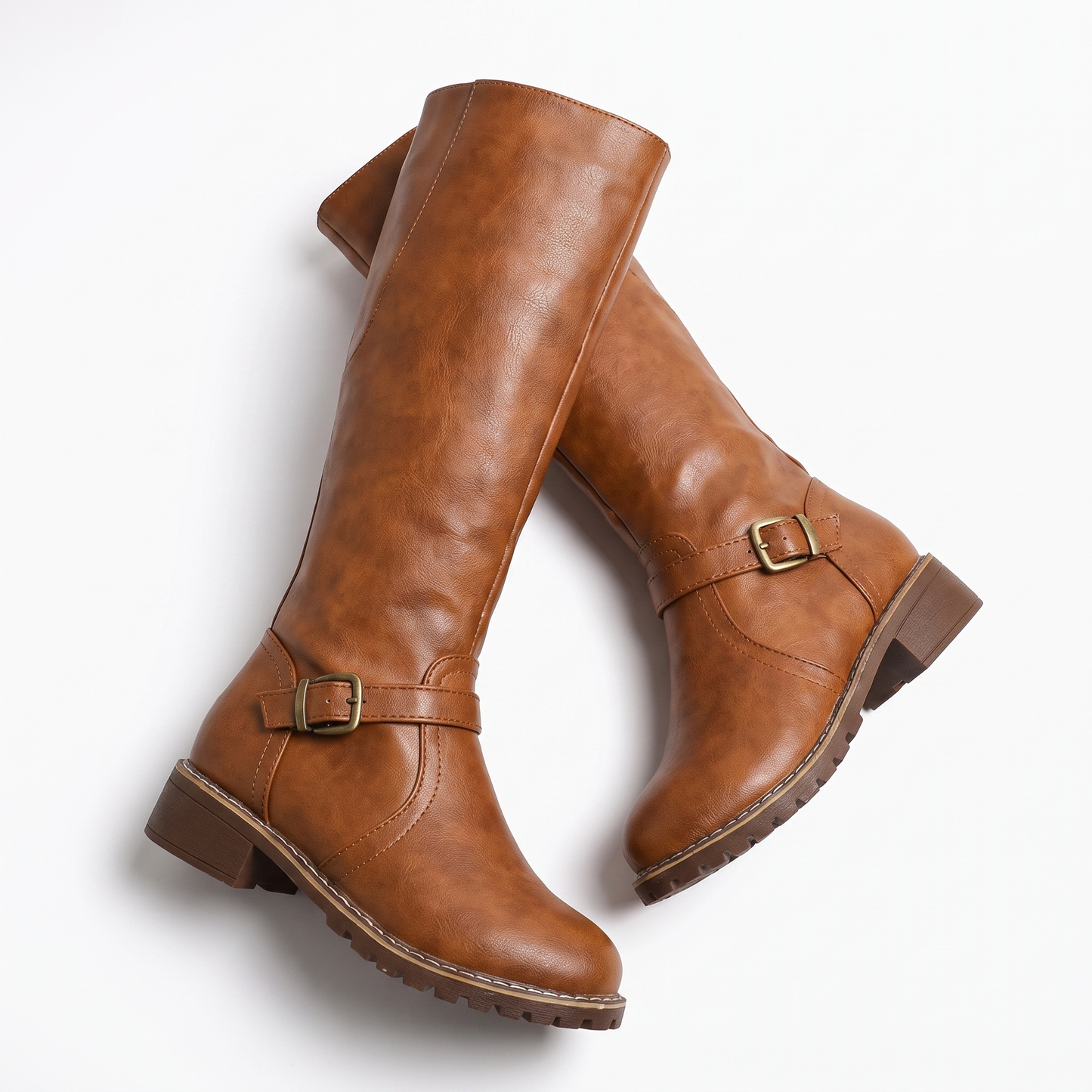 Sunoire olivia womens knee high buckle strap riding leather boots 04 pair flatlay brown