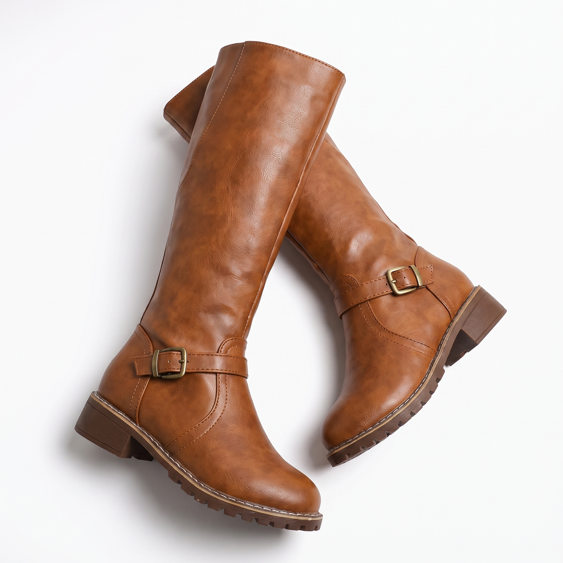 Sunoire olivia womens knee high buckle strap riding leather boots 04 pair flatlay brown