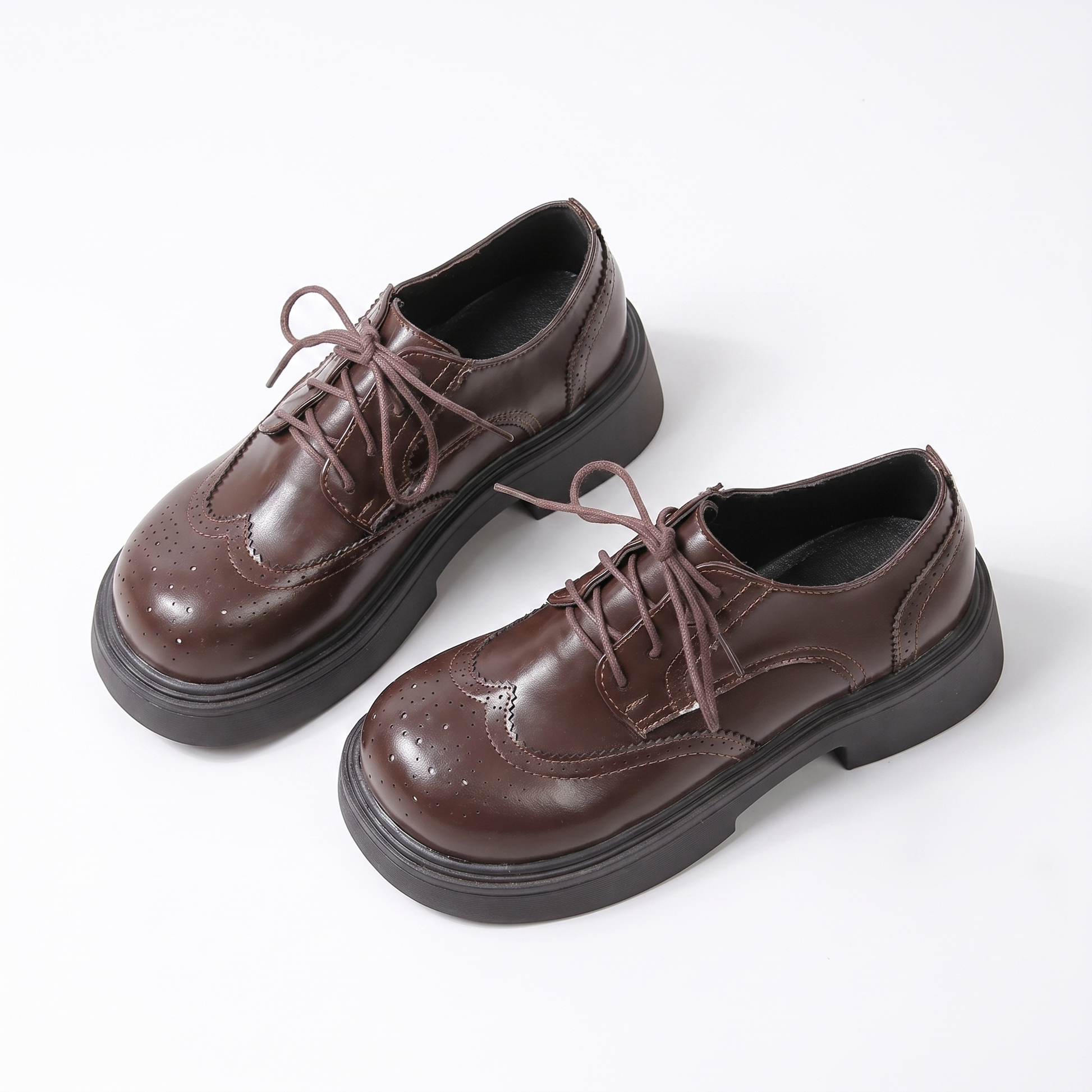 Sunoire vintage brogue platform oxford loafers 04 pair flatlay brown