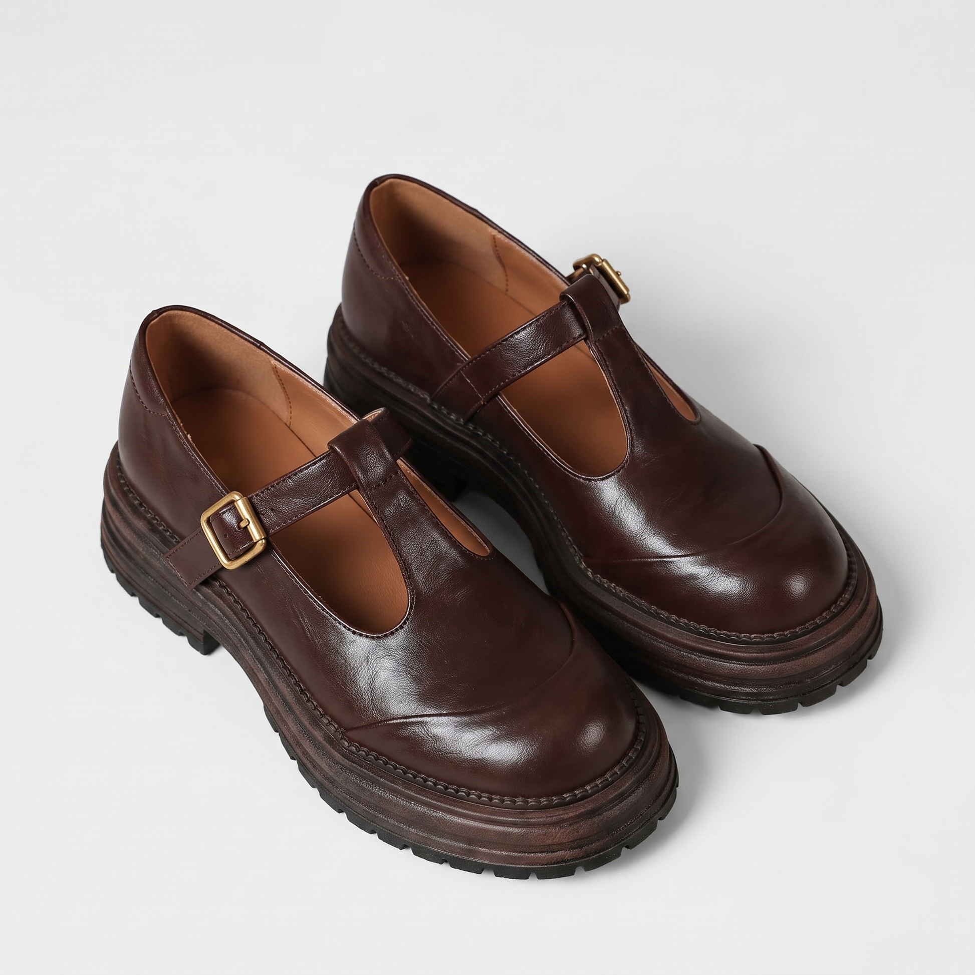 Sunoire chunky platform mary jane shoes with t bar strap 04 pair flatlay brown